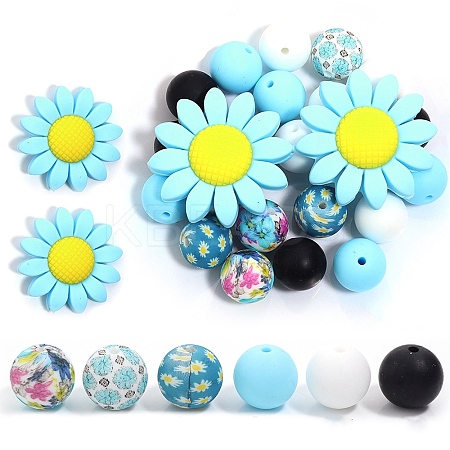 23Pcs Sunflower & Round Silicone Focal Beads SIL-L005-01B-1