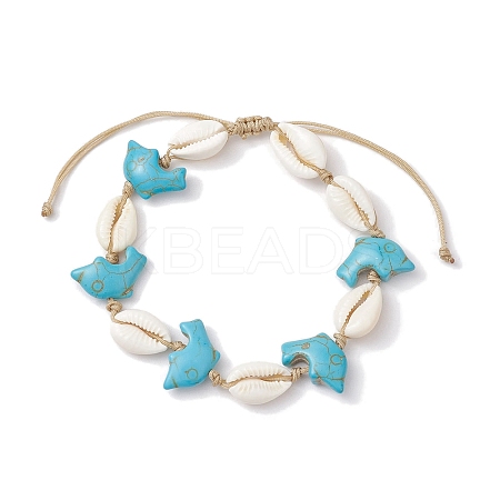 Natural Mixed Cowrie Shell with Synthetic Turquoise Beaded Anklets AJEW-AN00596-03-1