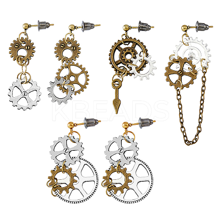 3 Set 3 Style Alloy Toothed Wheel Asymmetrical Earrings EJEW-FI0001-93-1