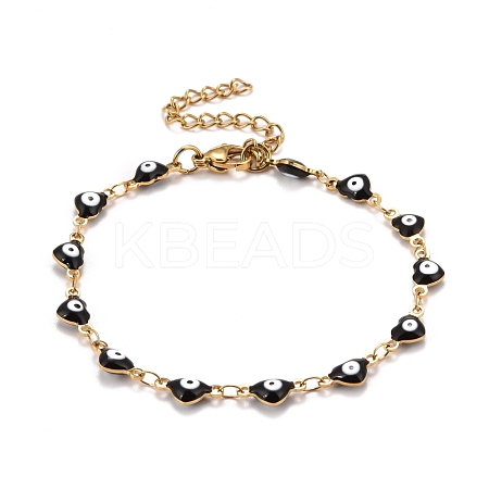 Enamel Heart with Evil Eye Link Chains Bracelet BJEW-P271-07G-03-1