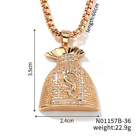Shiny Hip-hop Style Brass Crystal Rhinestone Dollar Money Bag Pendant Box Chain Necklaces EW6640-2-1