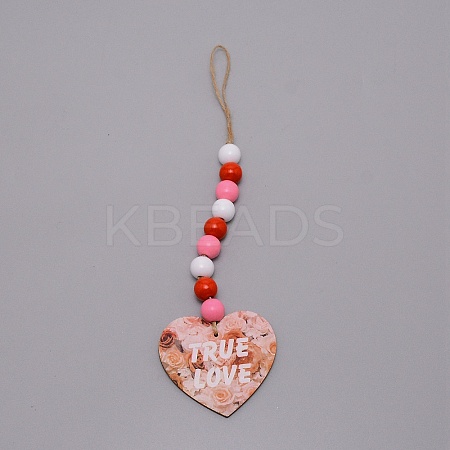 Valentine's Day Theme Schima Wood Beads & Hemp Rope Pendants Decorations HJEW-TAC0012-14-1