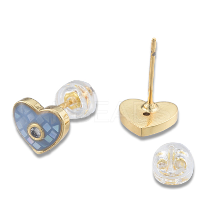 Natural Shell & Enamel Heart Stud Earrings with Cubic Zirconia EJEW-N011-79C-1