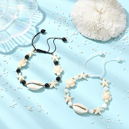2Pcs Natural Cowrie Shell & Black Tourmaline & Malaysia Jade Beads & Synthetic Turquoise Beaded Adjustable Bracelets Set for Women BJEW-JB13917-1