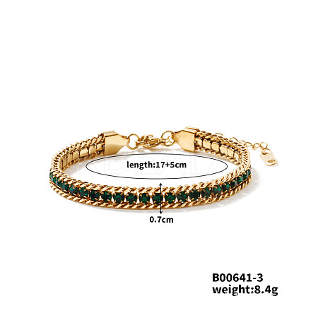 Sparkling European Style 304 Stainless Steel Emerald Rhinestone Chain Bracelets for Women CU3590-3-1