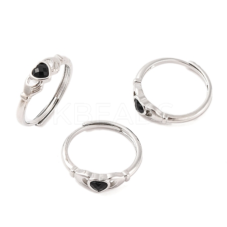 Hand with Heart Natural Dyed & Heated Black Agate Agate Adjustable Rings RJEW-Q817-06P-03-1