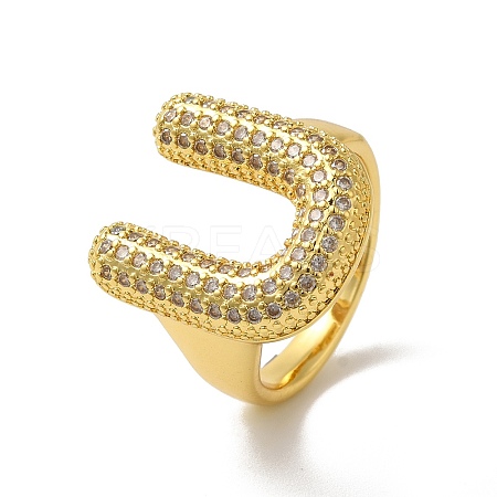 Letter Brass Micro Pave Clear Cubic Zirconia Open Cuff Ring for Women RJEW-N046-03U-G-1