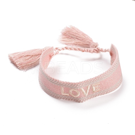 Word Love Polycotton(Polyester Cotton) Braided Bracelet with Tassel Charm LS-BJEW-F429-07-1