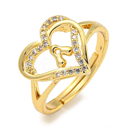 Heart with Letter Rack Plating Brass Micro Pave Clear Cubic Zirconia Adjustable Rings for Women RJEW-I105-01G-A-1