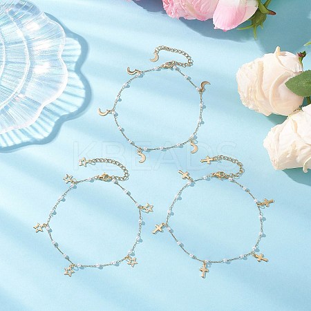 3Pcs 3 Styles Round ABS Imitation Pearl Beads & 304 Stainless Steel Link Chain Moon Star Cross Tassel Anklets for Women AJEW-AN00738-1