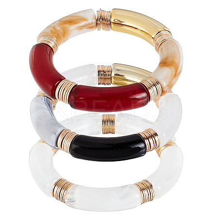 3Pcs 3 Colors Acrylic Curved Tube Beaded Stretch Bracelets Set for Women BJEW-AN0001-22-1