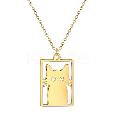 304 Stainless Steel Laser Cut Rectangle with Cat Shape Pendant Necklaces FS-WGDBF09-01-1