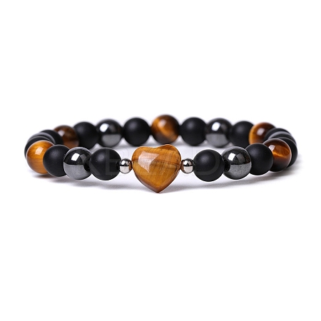 Natural Tiger Eye Heart Beaded Stretch Bracelet PW-WG70241-03-1