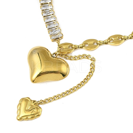 304 Stainless Steel Pave Clear Cubic Zirconia Heart Tassel Cable Chain Necklaces for Women NJEW-Z051-01G-1