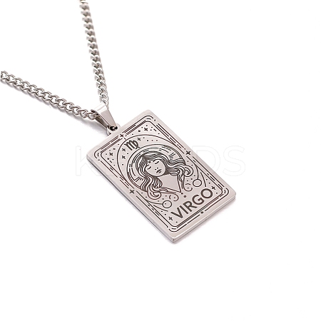 304 Stainless Steel Curb Chain Rectangle with Constellation Pendant Necklaces PW-WG0F5D0-16-1