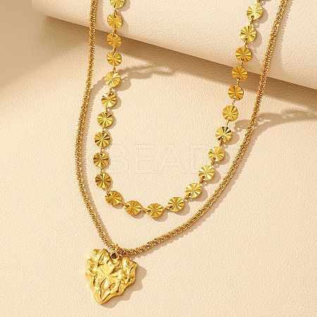 304 Stainless Steel Heart Pendant Flat Sequin Chain Double Layer Necklaces for Women NJEW-F343-03G-1