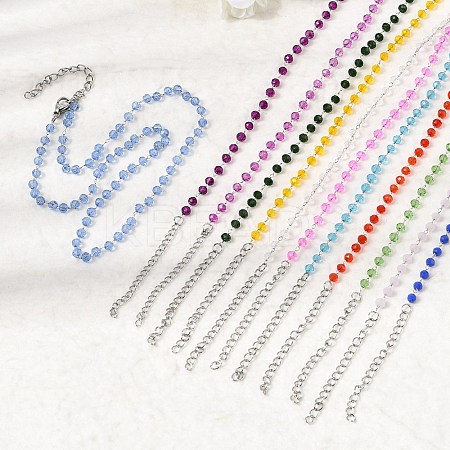 12Pcs 12 Colors 304 Stainless Steel with Glass Faceted Rondelle Bead Handmade Link Chain Birth Stone Necklaces for Women NJEW-G195-01P-1