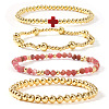 5Pcs 5 Styles Handmade Brass & Natural Rhodonite & Glass Beads Stretch Bracelet Set OI0028-4-1