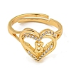 Heart with Letter Rack Plating Brass Micro Pave Clear Cubic Zirconia Adjustable Rings for Women RJEW-I105-01G-B-2