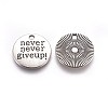 Tibetan Style Alloy Flat Round Carved Word Never Give Up Pendants TIBEP-12585-AS-RS-1