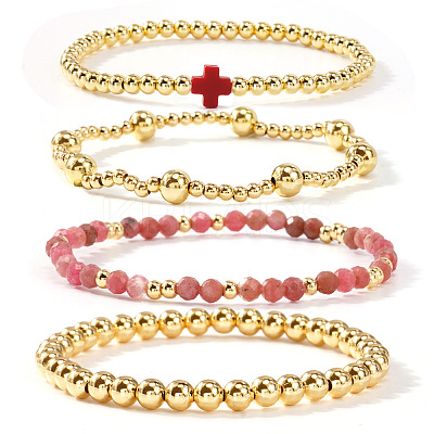 5Pcs 5 Styles Handmade Brass & Natural Rhodonite & Glass Beads Stretch Bracelet Set OI0028-4-1