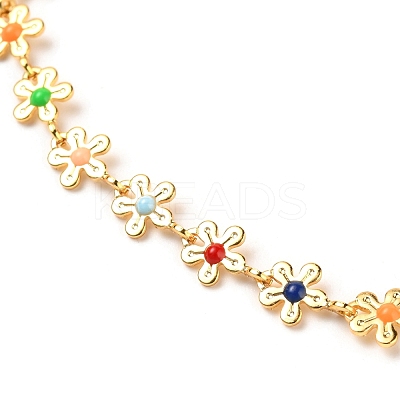 Brass Enamel Flower Link Chain Anklets AJEW-AN00316-1