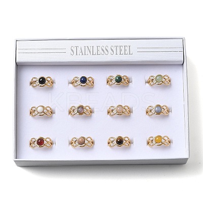 Round Natural Mixed Stone Finger Rings RJEW-C119-02G-1
