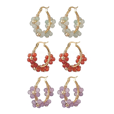 3 Pairs Flower Brass Natural Gemstone Hoop Earrings EJEW-TA00781-1