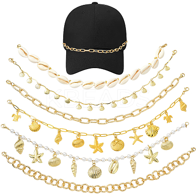 6Pcs 6 Styles Ocean Theme Cowrie Shell & Aluminum & Brass & Alloy Baseball Cap Chain HJEW-SC0002-37-1