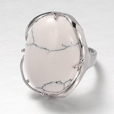 Adjustable Oval Brass Natural  Howlite Wide Band Rings RJEW-L062-03B-1