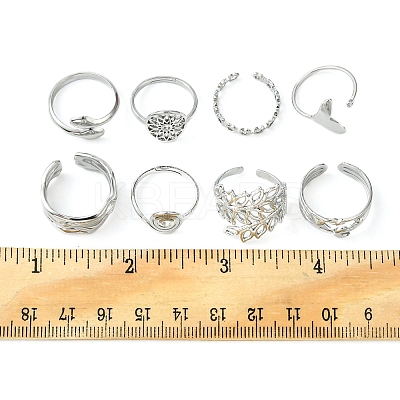 8Pcs 8 Style Whale Tail & Wave & Flower & Vortex & Snake Stainless Steel Open Cuff Ring Set RJEW-FS0001-02-1