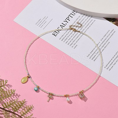 Virgin Mary & Tree & Evil Eye Alloy & Brass Pendant Necklace with Glass Seed Beaded Chains for Women NJEW-JN04289-1