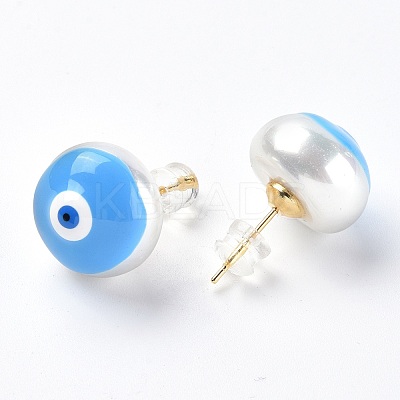Natural Shell Evil Eye Stud Earrings with Enamel EJEW-G334-06G-1