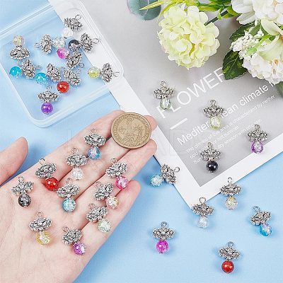 30Pcs 10 Color Zinc Alloy Lotus with Crackle Glass Round Beads Pendant FIND-AR0003-71-1