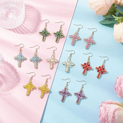 7 Pairs 304 Stainless Steel Glass Seeds Cross Dangle Earrings EJEW-MZ00506-1