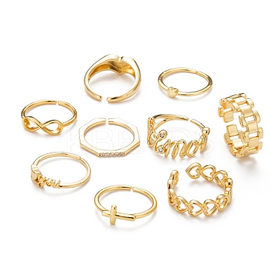 9Pcs 9 Style Brass Cuff Rings RJEW-LS0001-11G-1