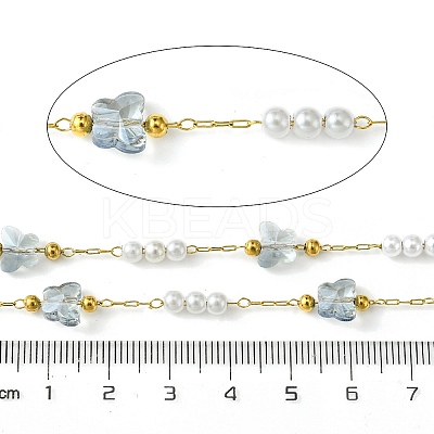 10M Ion Plating(IP) 304 Stainless Steel & ABS Plastic Pearl Bead & Butterfly Glass Link Chains CHS-G035-04G-02-1