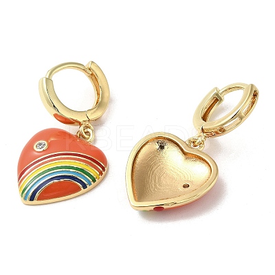 Heart with Rainbow Real 18K Gold Plated Brass Dangle Hoop Earrings EJEW-L268-042G-06-1