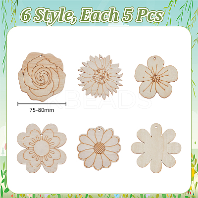 30Pcs 5 Styles Unfinished Wood Pendant Decorations WOOD-AR0001-53-1