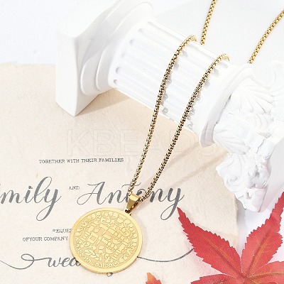 201 Stainless Steel Religion Flat Round Pendant Box Chain Necklaces for Women Men NJEW-R013-08G-1