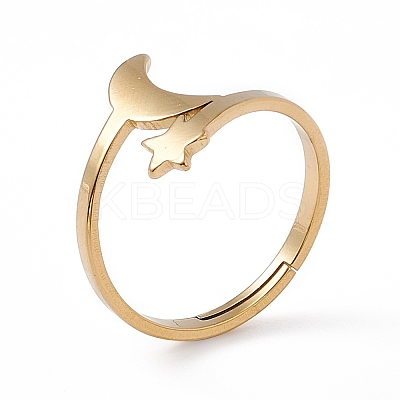 Ion Plating(IP) 201 Stainless Steel Moon & Star Adjustable Ring for Women LS-RJEW-K238-08G-1