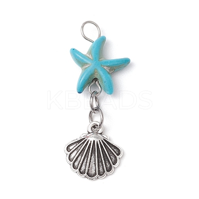 Starfish/Sea Stars Dyed Synthetic Turquoise & Alloy Shell Shape Pendants PALLOY-JF03957-01-1