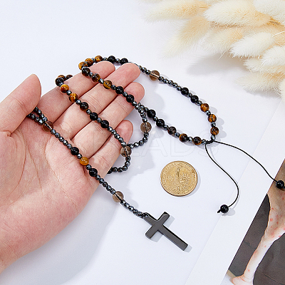 Natural Tiger Eye & Obsidian & Synthetic Hematite & Glass Round Rosary Bead Necklaces NJEW-DC00011-1