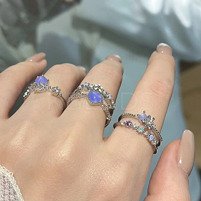 3Pcs Heart & Flower Alloy Rhinestone Cuff Rings FS-WGDF7E1-06-1