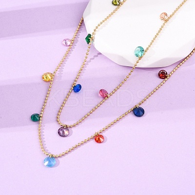 304 Stainless Steel Ball Chain Colorful Cubic Zirconia Flat Round Tassel Double Layer Necklaces for Women LS-NJEW-A051-05G-1