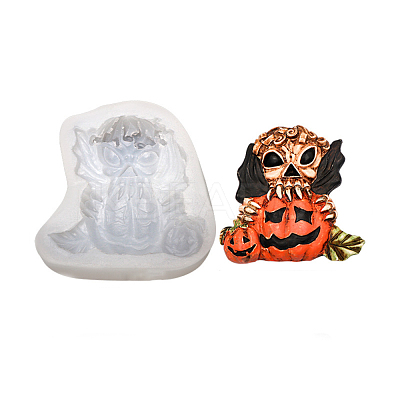 DIY Mini Halloween Skull & Pumpkin Food Grade Silicone Statue Molds DIY-G054-C03-1