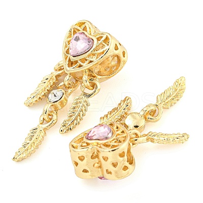 Rack Plating Alloy Pave Light Padparadscha Rhinestone Heart with Feather European Dangle Charms FIND-B034-19G-01-1