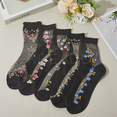 5Pairs Flower Chinlon Glass Silk Socks for Women AJEW-WH20088-007-1