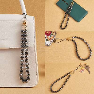 Non-Magnetic Synthetic Hematite & 304 Stainless Steel Round Beaded Mobile Straps HJEW-SW00043-01-1