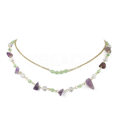 Natural Amethyst Chip & Glass & 304 Stainless Steel Handmade Link Chain Double Layer Necklaces for Women NJEW-JN05363-02-1